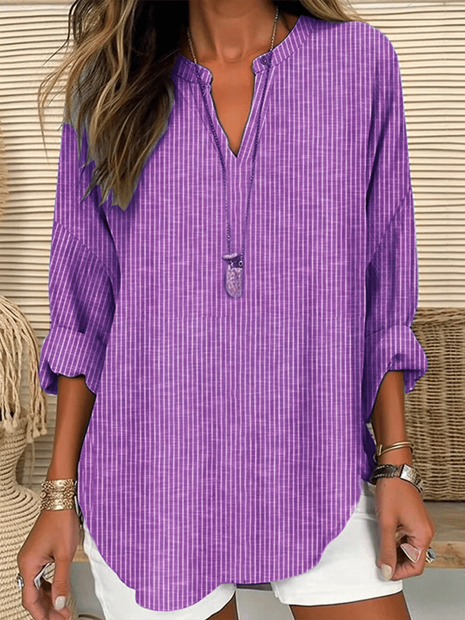 Women Striped Long Sleeve Blouse Spring/Fall Printing V Neck Daily Casual Top