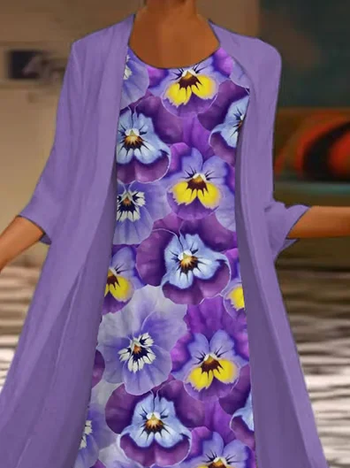 Women Floral Printing Two-Piece Set Daily Three Quarter Sleeve Casual Spring/Fall Coat With Skirt Matching Set