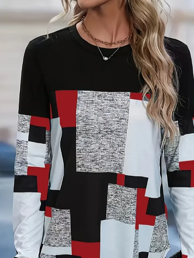 Women Abstract Plaid Long Sleeve Tee T-shirt Crew Neck Printing Casual Spring/Fall Graphic Tee Top