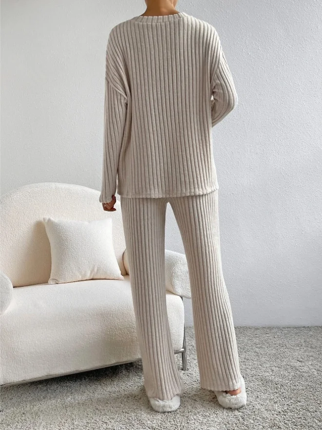 Women Plain Embossed Two-Piece Set Daily Long Sleeve Casual Spring/Fall Top With Pants Matching Set