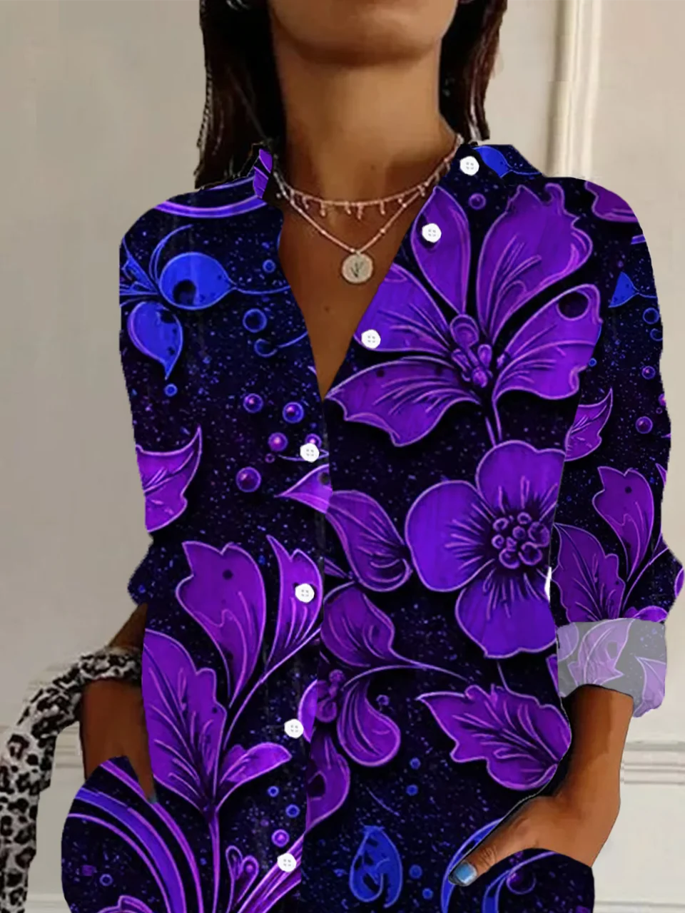 Women Floral Long Sleeve Shirt Spring/Fall Buckle Shirt Collar Regular Sleeve Daily Casual Top