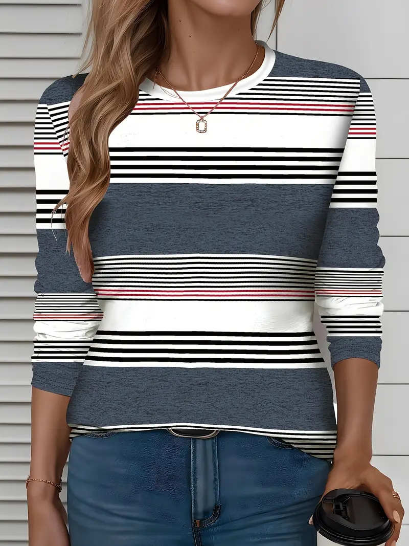 Women Striped Long Sleeve Tee T-shirt Crew Neck Printing Casual Spring/Fall Graphic Tee Top