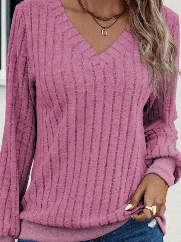 Women Plain Long Sleeve Tee T-shirt V Neck Split Joint Vintage Spring/Fall Top