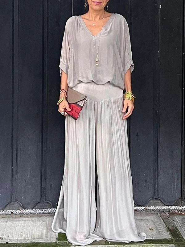 Women Plain Split Joint Two-Piece Set Daily Half Sleeve Casual Summer Top With Pants Matching Set