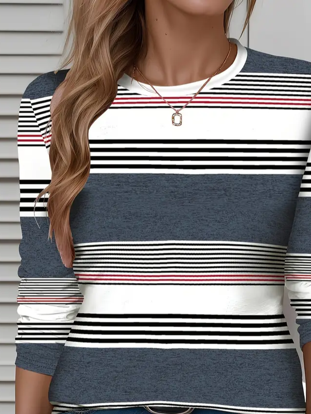 Women Striped Long Sleeve Tee T-shirt Crew Neck Printing Casual Spring/Fall Graphic Tee Top