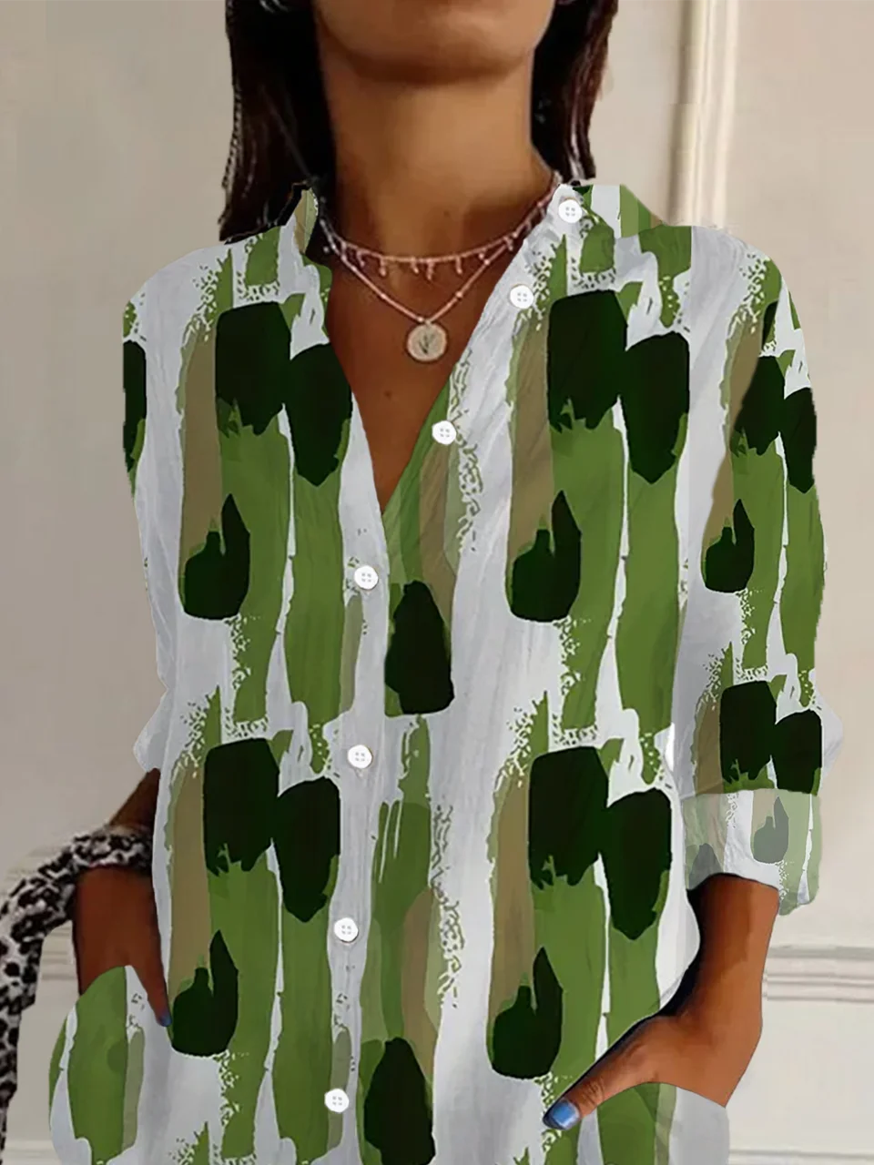 Women Abstract Long Sleeve Shirt Spring/Fall Buckle Shirt Collar Regular Sleeve Daily Casual Top