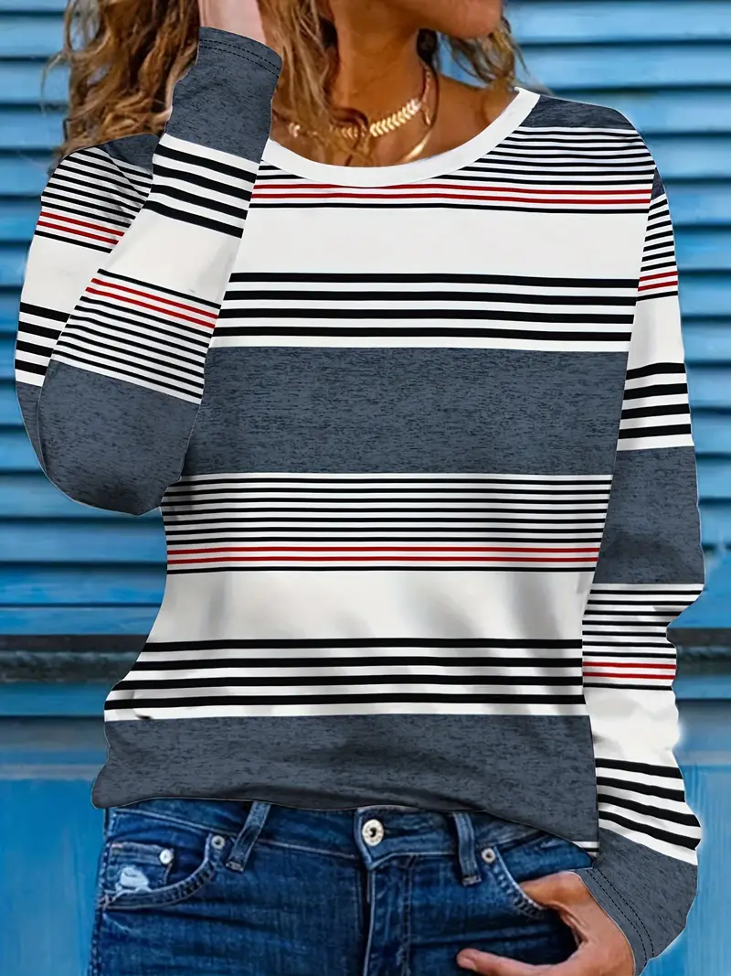 Women Striped Long Sleeve Tee T-shirt Crew Neck Printing Casual Spring/Fall Graphic Tee Top