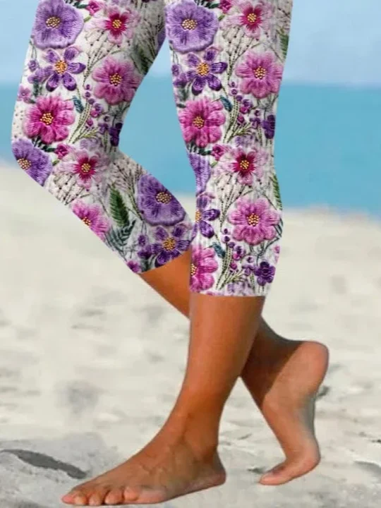 Women Floral Capris Elastic Waist Pants Casual Summer Trousers