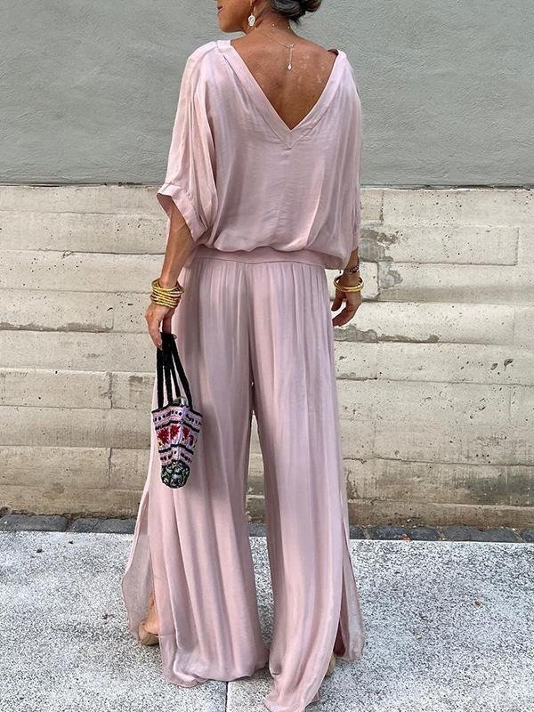Women Plain Split Joint Two-Piece Set Daily Half Sleeve Casual Summer Top With Pants Matching Set