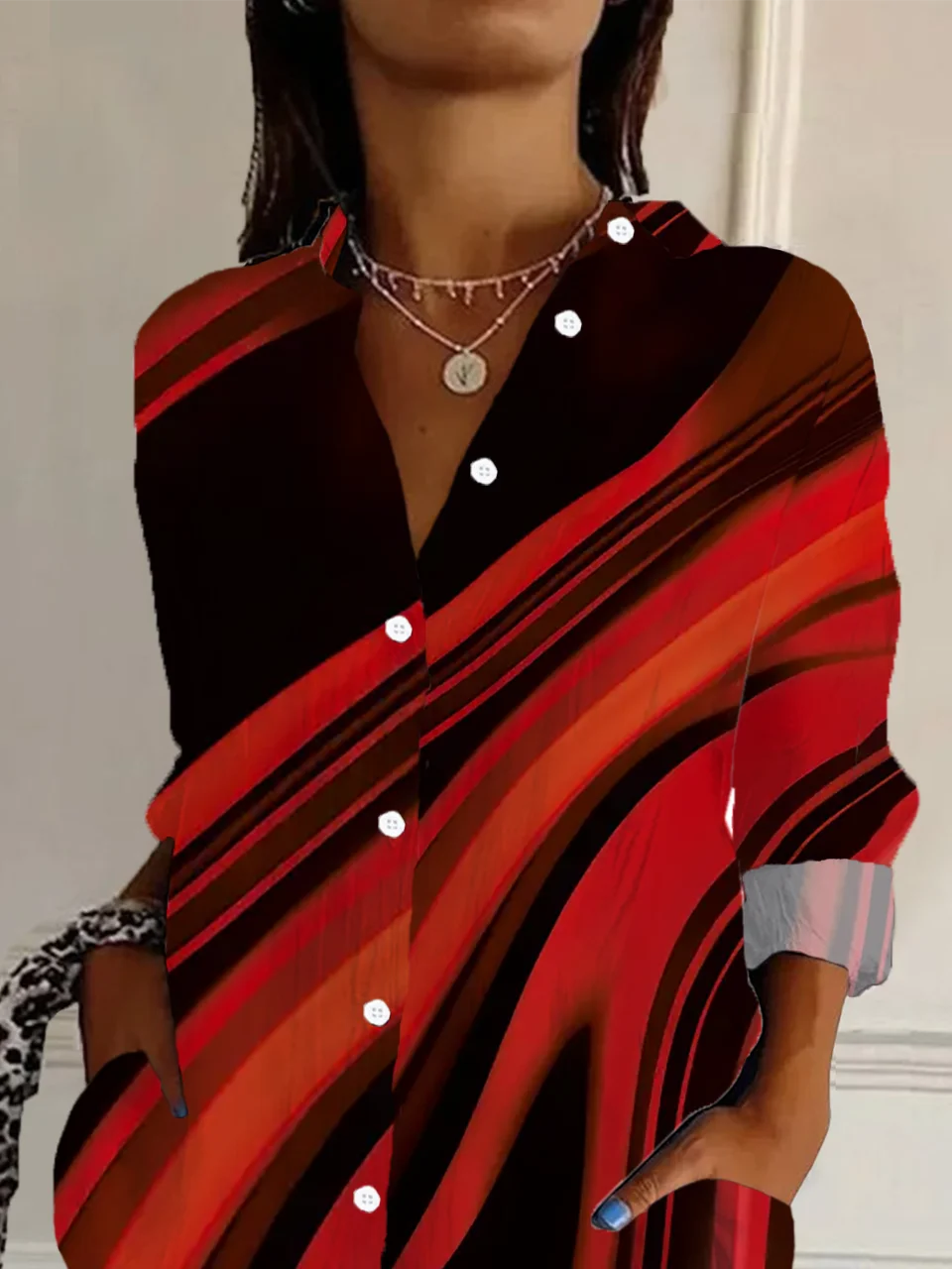 Women Abstract Long Sleeve Shirt Spring/Fall Buckle Shirt Collar Regular Sleeve Daily Casual Top