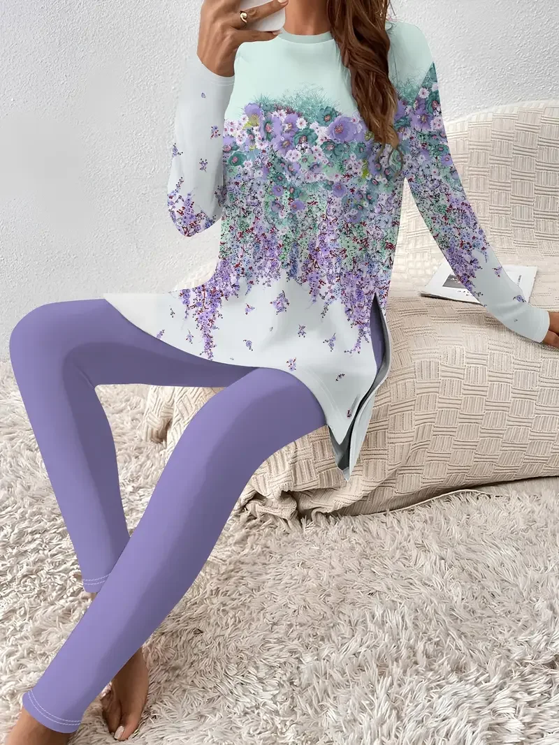 Women Floral Printing Two-Piece Set Daily Long Sleeve Casual Spring/Fall Top With Pants Matching Set