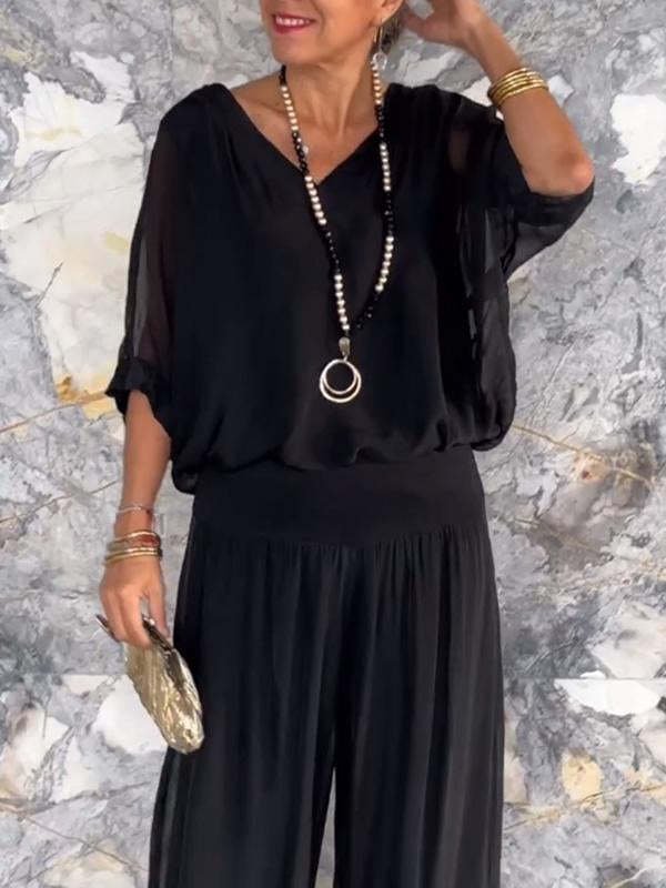 Women Plain Split Joint Two-Piece Set Daily Half Sleeve Casual Summer Top With Pants Matching Set
