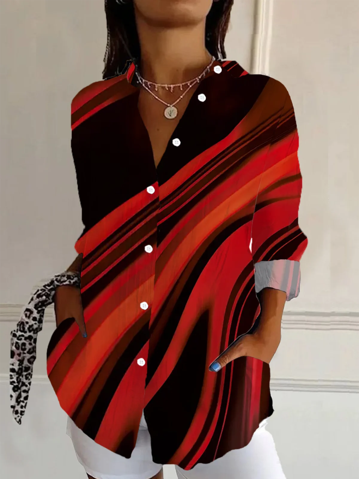 Women Abstract Long Sleeve Shirt Spring/Fall Buckle Shirt Collar Regular Sleeve Daily Casual Top