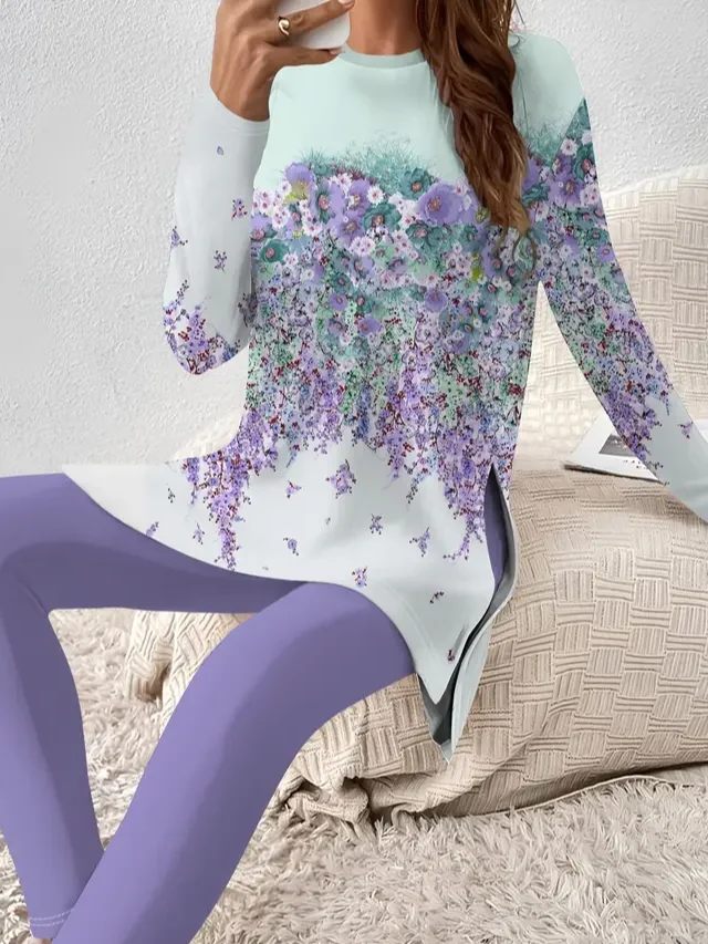 Women Floral Printing Two-Piece Set Daily Long Sleeve Casual Spring/Fall Top With Pants Matching Set