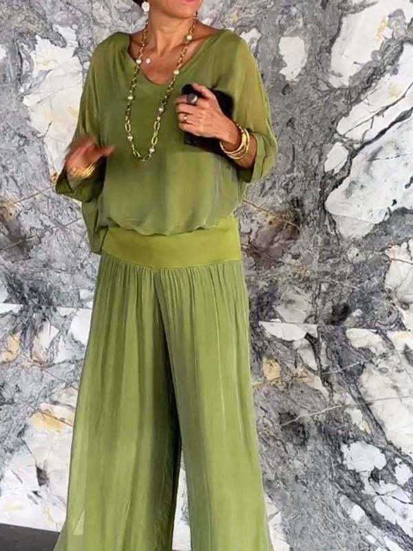 Women Plain Split Joint Two-Piece Set Daily Half Sleeve Casual Summer Top With Pants Matching Set