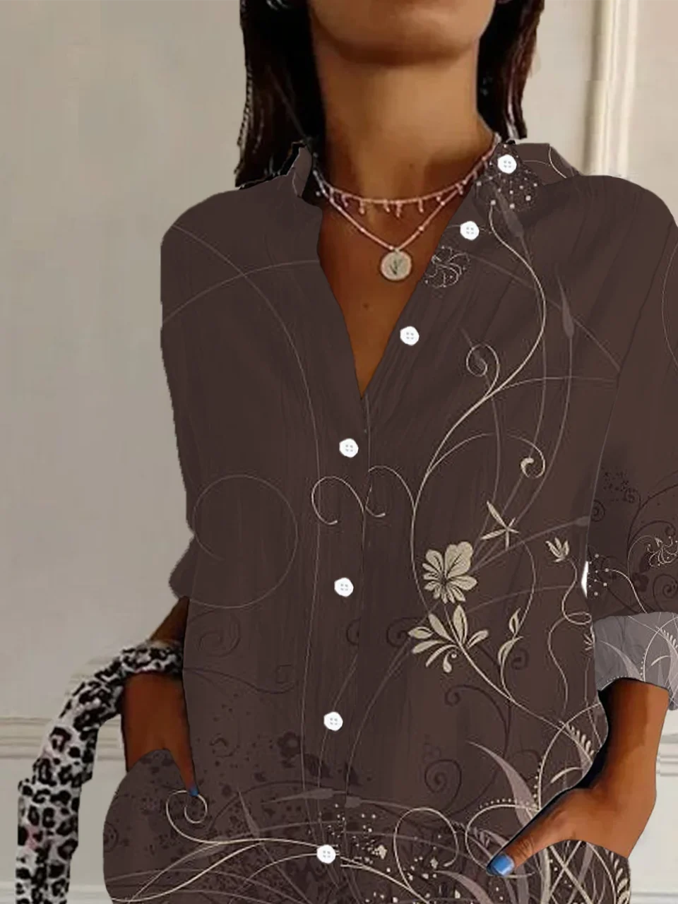 Women Floral Long Sleeve Shirt Spring/Fall Buckle Shirt Collar Regular Sleeve Daily Casual Top