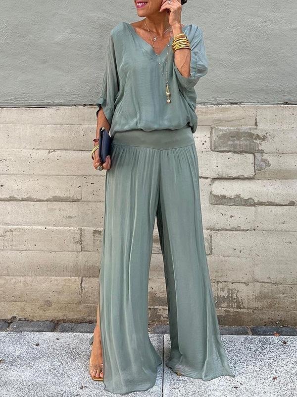 Women Plain Split Joint Two-Piece Set Daily Half Sleeve Casual Summer Top With Pants Matching Set