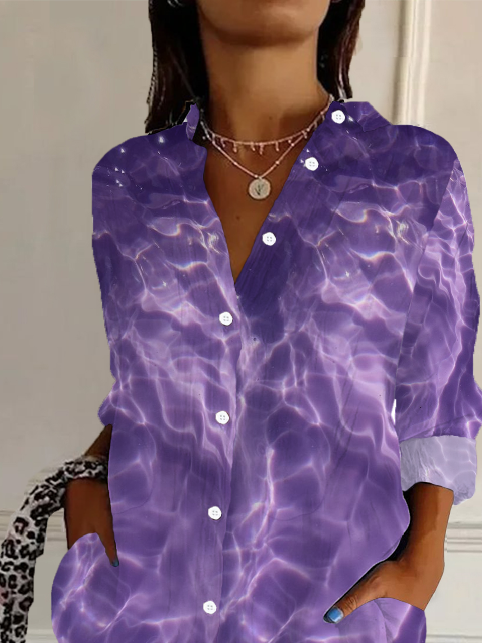 Women Abstract Long Sleeve Shirt Spring/Fall Buckle Shirt Collar Regular Sleeve Daily Casual Top