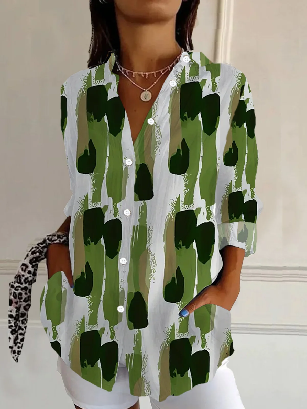 Women Abstract Long Sleeve Shirt Spring/Fall Buckle Shirt Collar Regular Sleeve Daily Casual Top