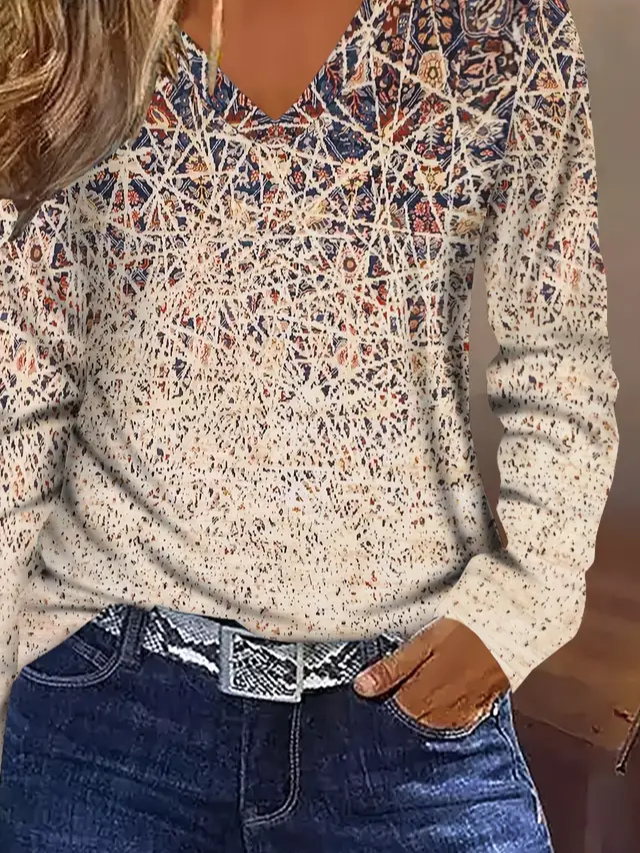 Women Abstract Long Sleeve Tee T-shirt V Neck Printing Casual Spring/Fall Graphic Tee Top