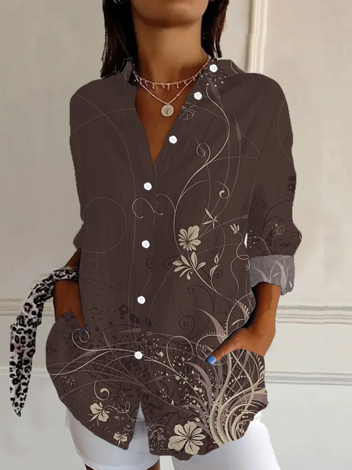Women Floral Long Sleeve Shirt Spring/Fall Buckle Shirt Collar Regular Sleeve Daily Casual Top