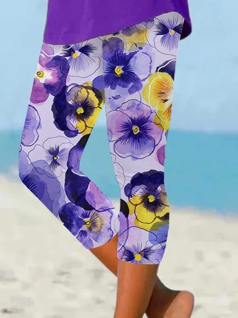 Women Floral Capris Elastic Waist Pants Casual Summer Trousers