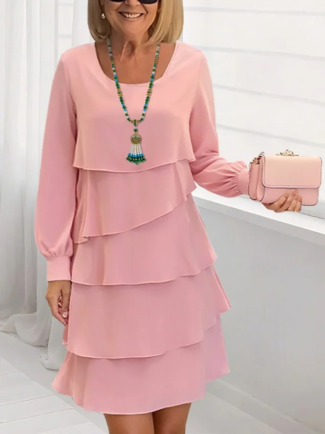 Women Plain Long Sleeve Spring/Fall Dress Crew Neck Daily Casual Midi A-Line Dress