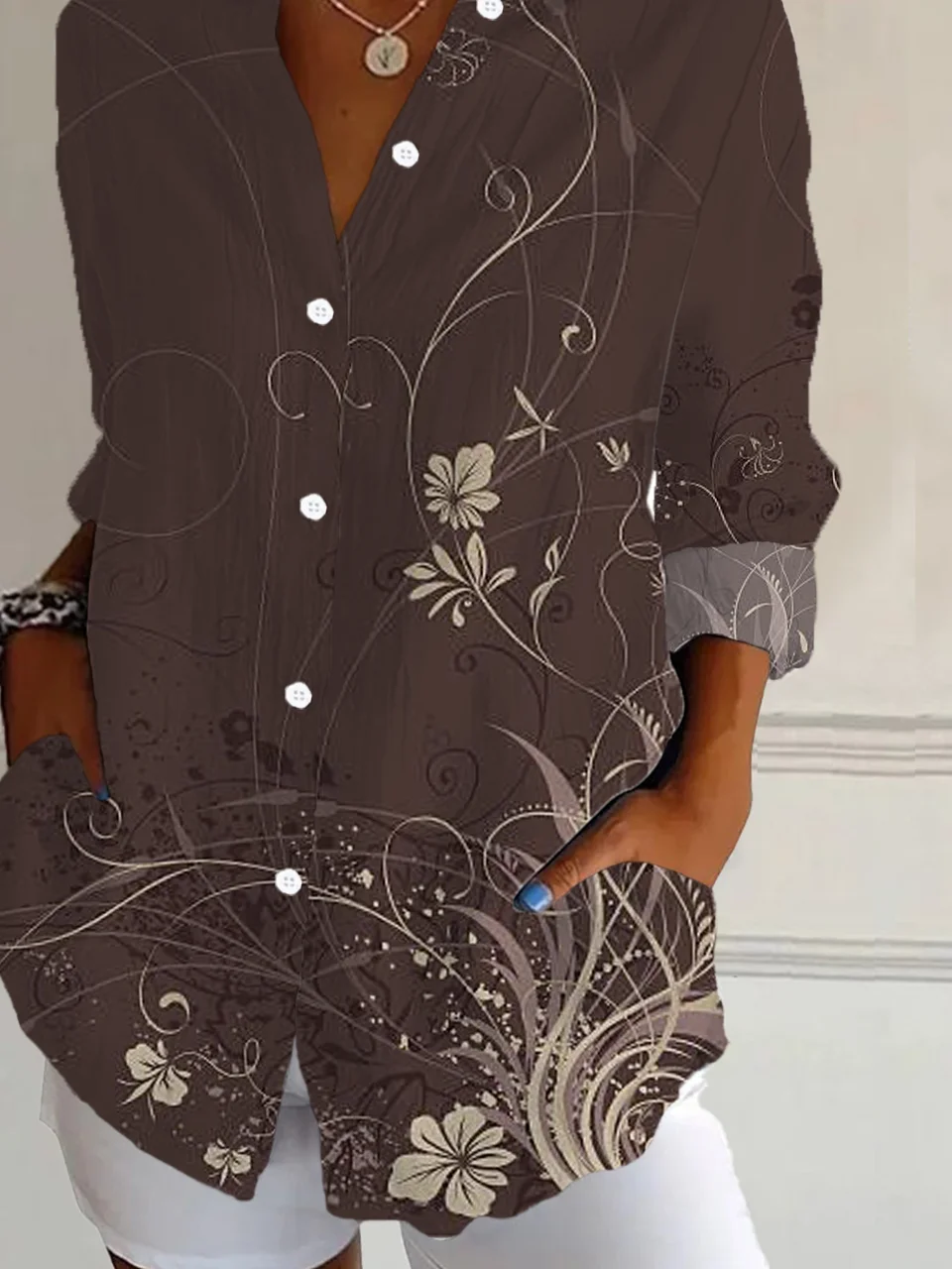 Women Floral Long Sleeve Shirt Spring/Fall Buckle Shirt Collar Regular Sleeve Daily Casual Top