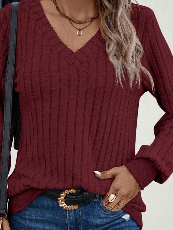 Women Plain Long Sleeve Tee T-shirt V Neck Split Joint Vintage Spring/Fall Top
