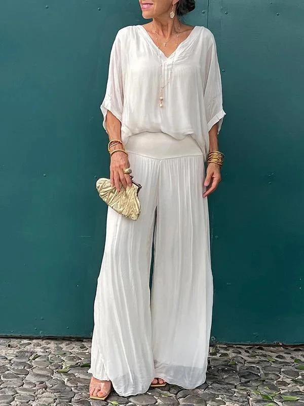 Women Plain Split Joint Two-Piece Set Daily Half Sleeve Casual Summer Top With Pants Matching Set
