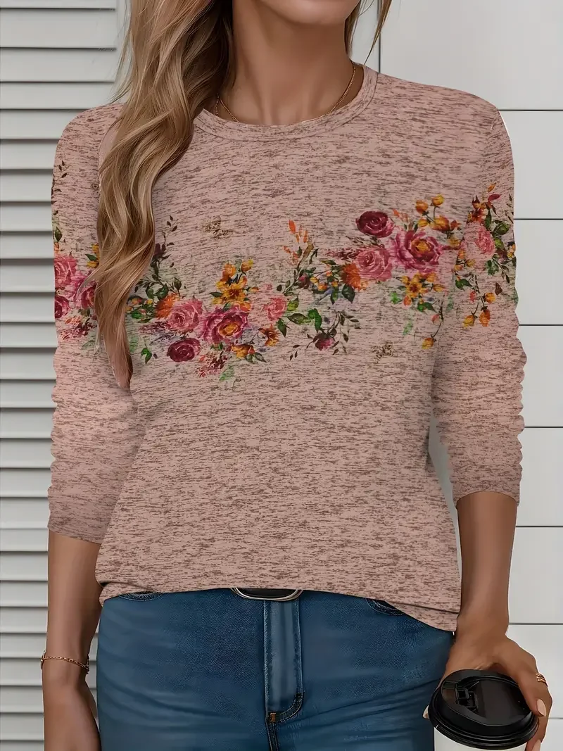 Women Floral Long Sleeve Tee T-shirt Crew Neck Printing Casual Spring/Fall Graphic Tee Top