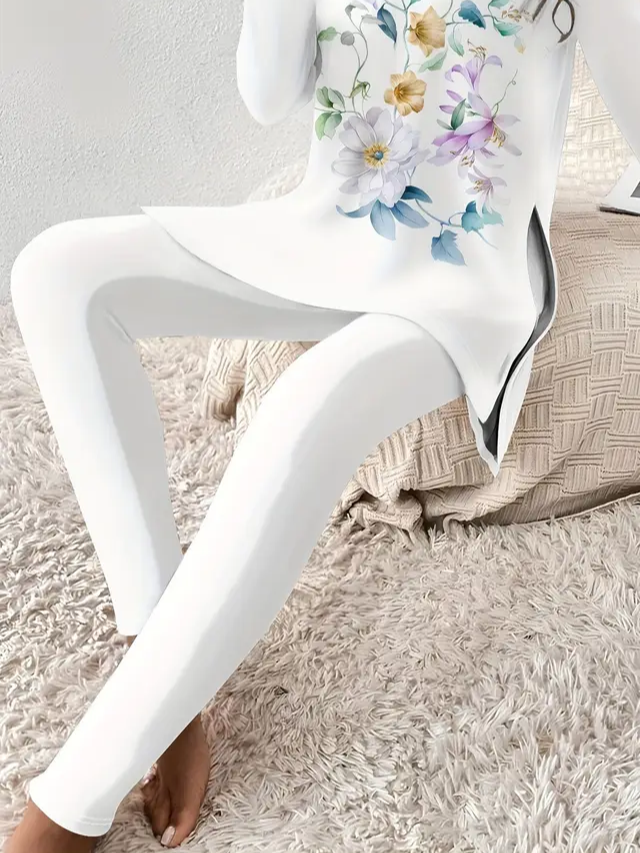 Women Floral Printing Two-Piece Set Daily Long Sleeve Casual Spring/Fall Top With Pants Matching Set