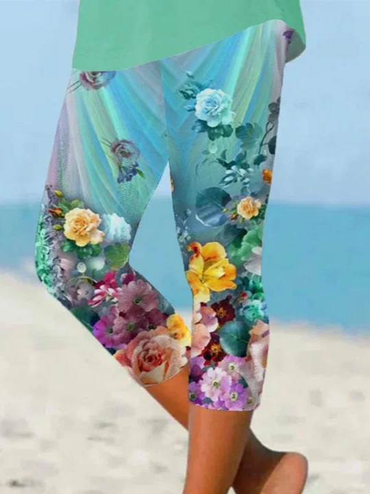 Women Floral Capris Elastic Waist Pants Casual Summer Trousers