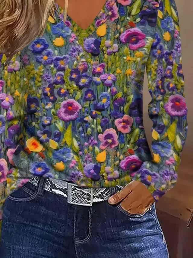Women Floral Long Sleeve Tee T-shirt V Neck Printing Casual Spring/Fall Graphic Tee Top