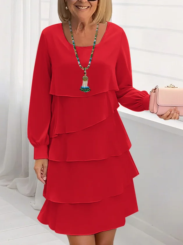 Women Plain Long Sleeve Spring/Fall Dress Crew Neck Daily Casual Midi A-Line Dress