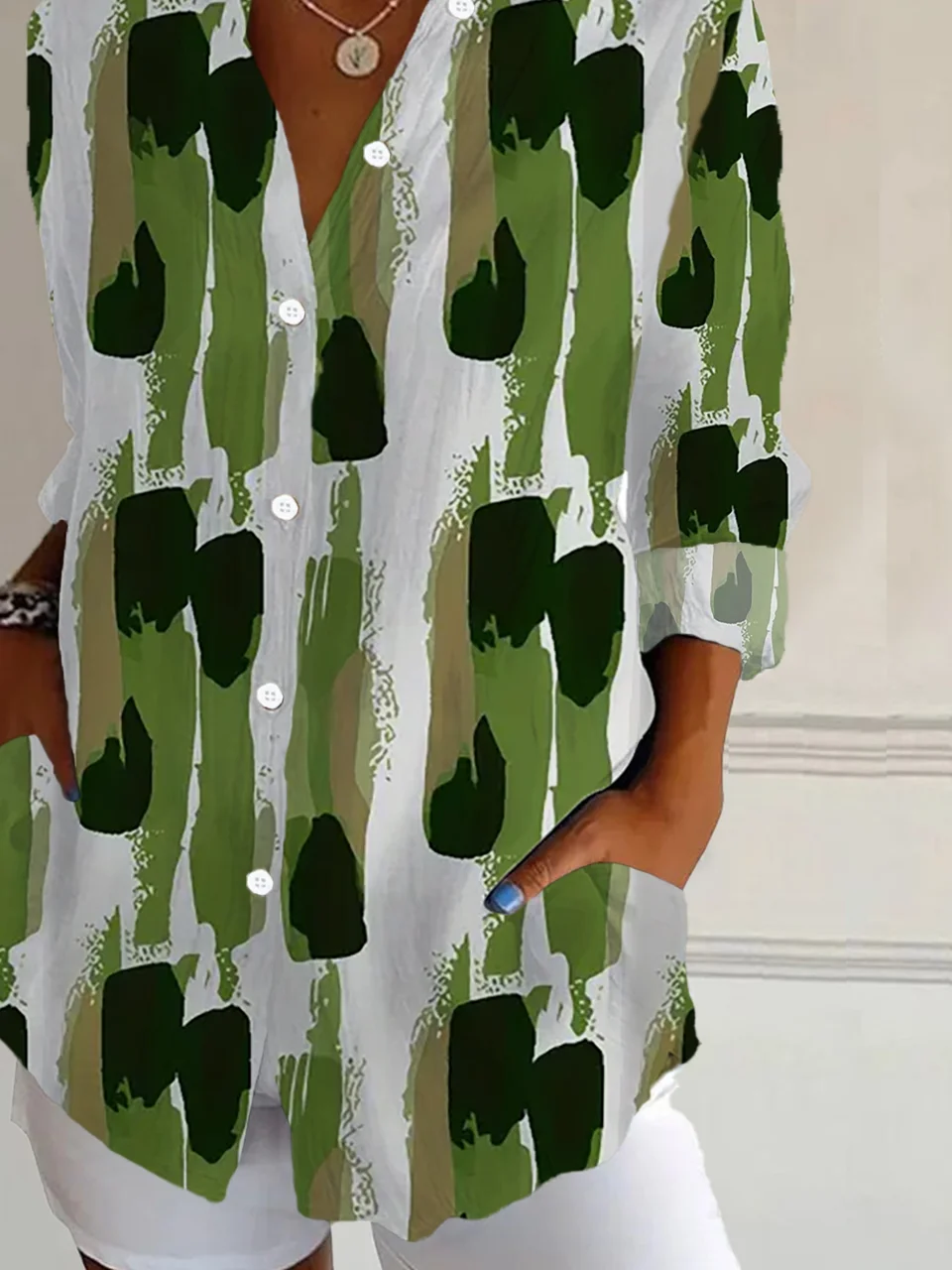 Women Abstract Long Sleeve Shirt Spring/Fall Buckle Shirt Collar Regular Sleeve Daily Casual Top