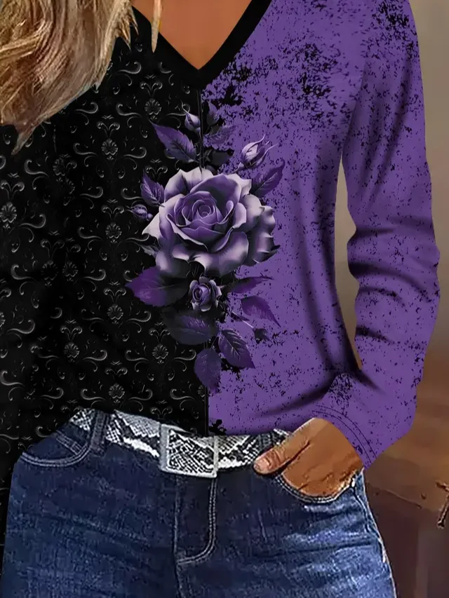 Women Floral Long Sleeve Tee T-shirt V Neck Printing Casual Spring/Fall Graphic Tee Top