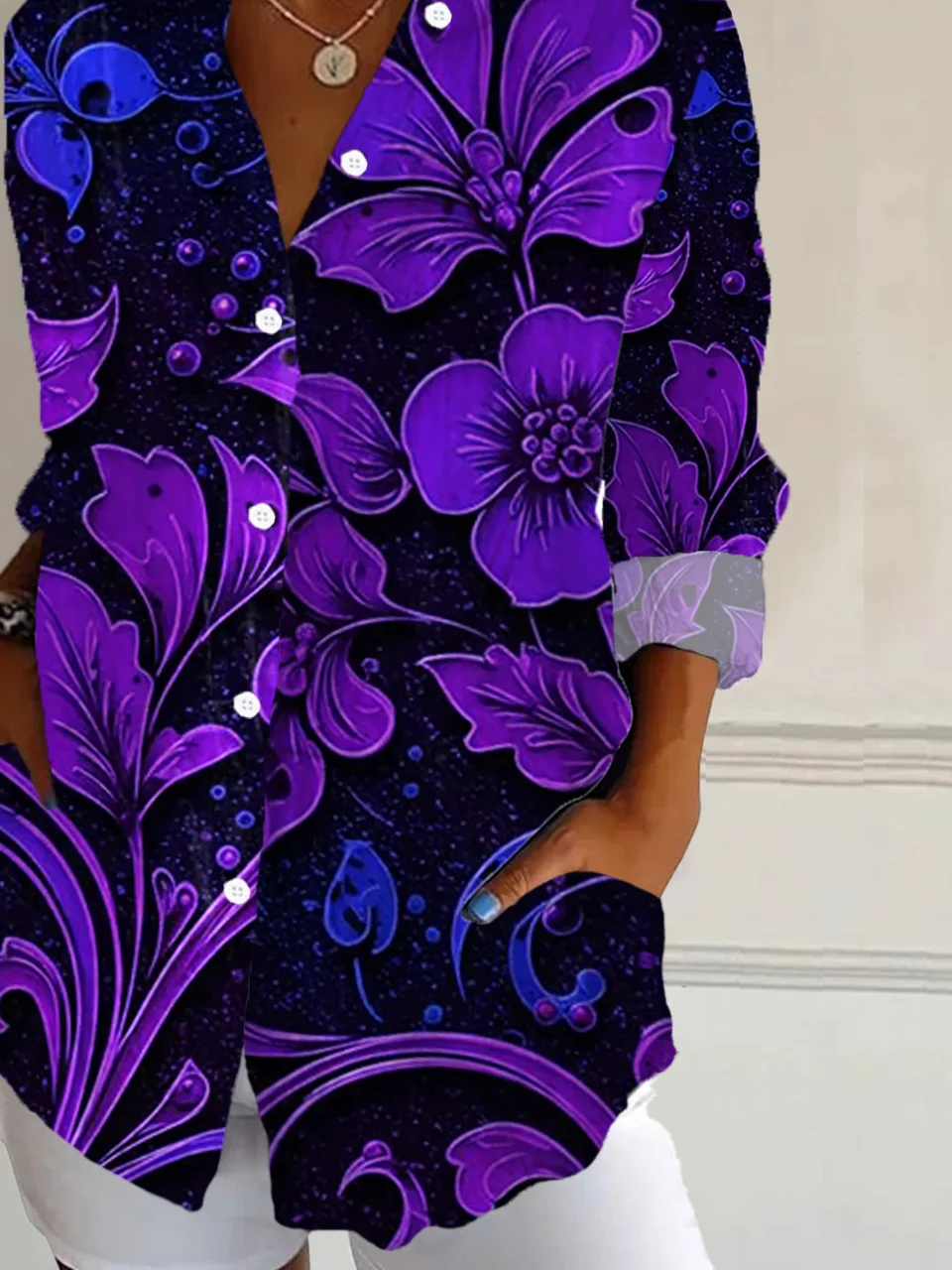 Women Floral Long Sleeve Shirt Spring/Fall Buckle Shirt Collar Regular Sleeve Daily Casual Top