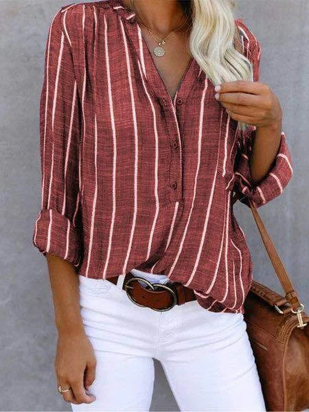Women Striped Long Sleeve Shirt Spring/Fall Printing V Neck Daily Casual Top