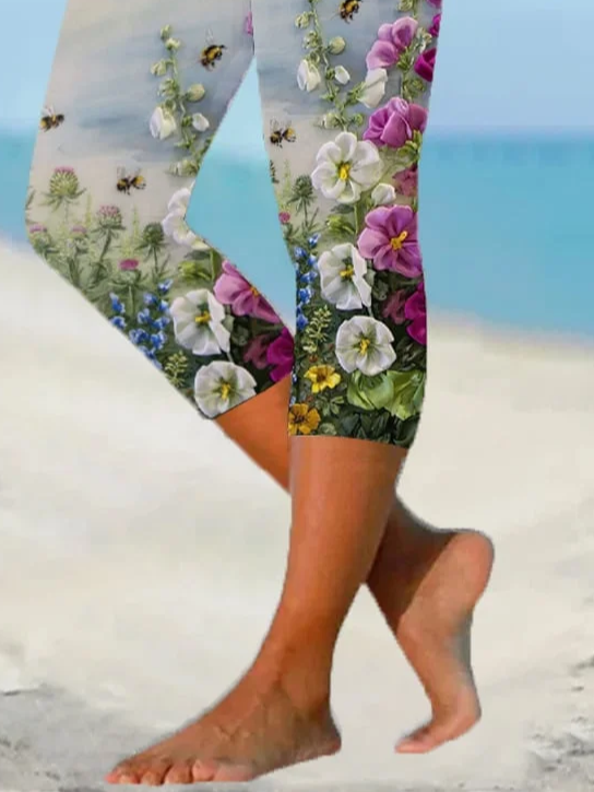 Women Floral Capris Elastic Waist Pants Casual Summer Trousers