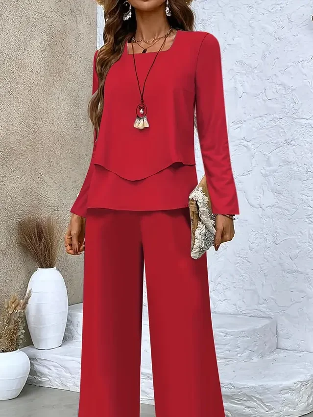 Women Plain Printing Two-Piece Set Daily Long Sleeve Casual Spring/Fall Top With Pants Matching Set