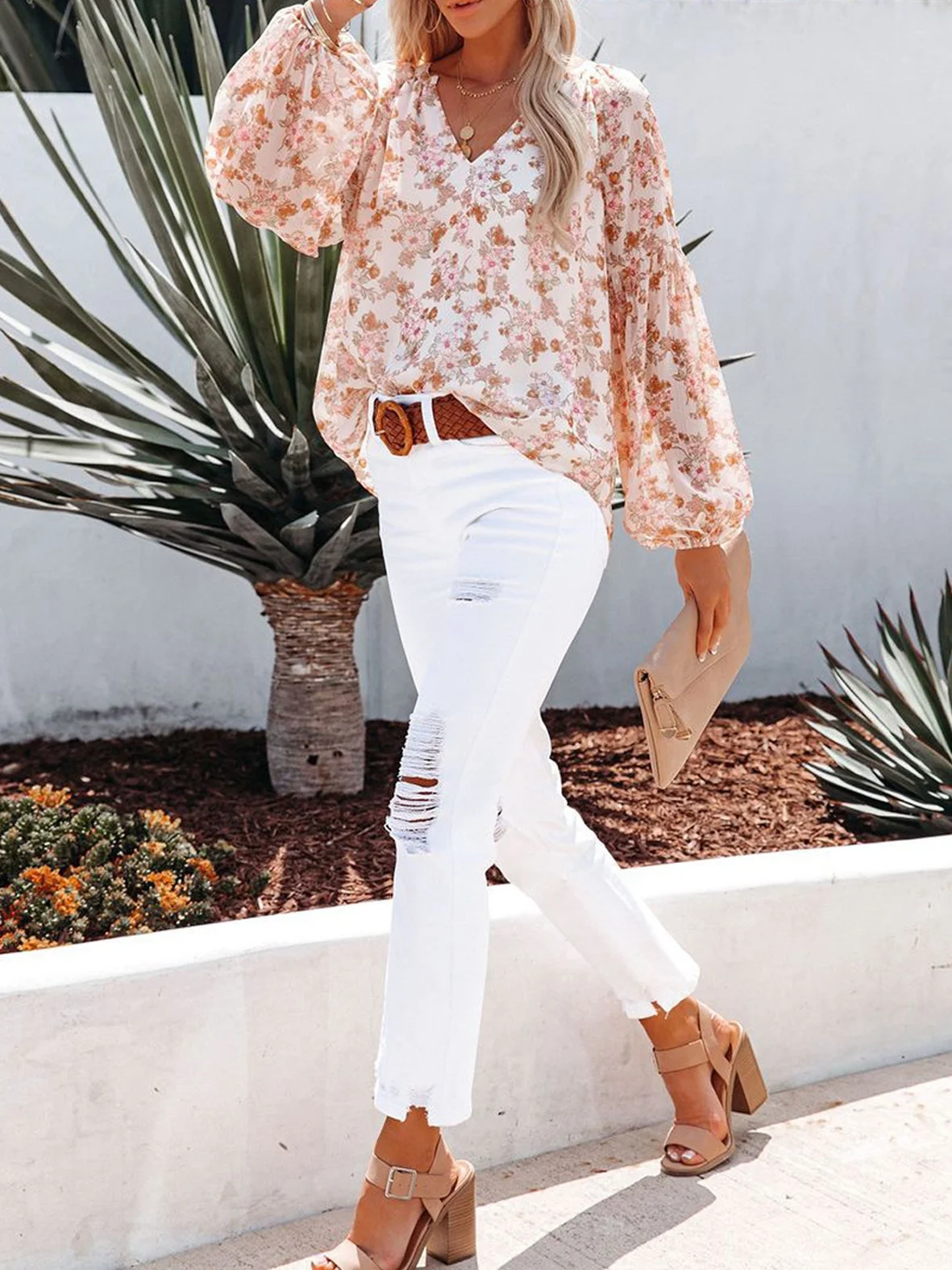 Women Floral Long Sleeve Shirt Spring/Fall Printing V Neck Balloon Sleeve Daily Casual Top