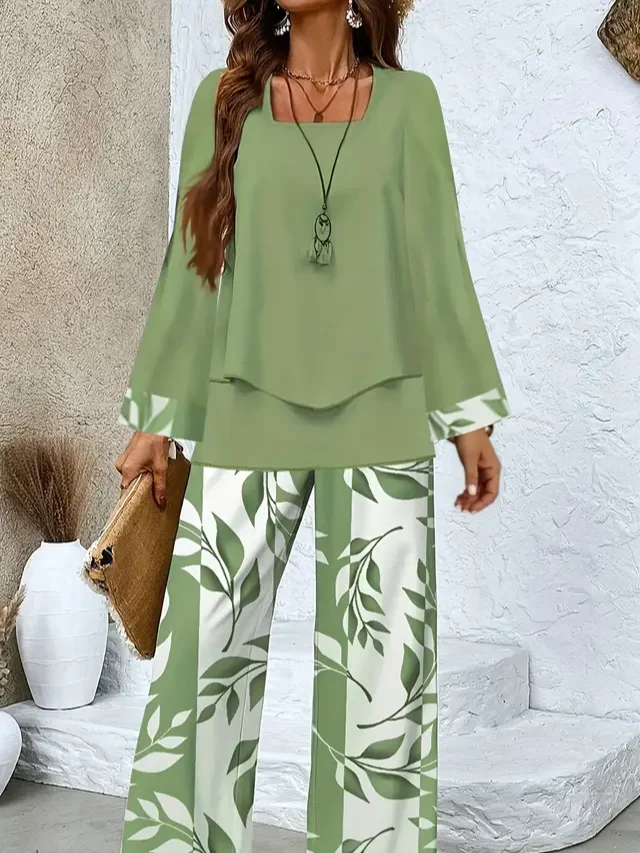Women Floral Printing Two-Piece Set Daily Long Sleeve Casual Spring/Fall Top With Pants Matching Set