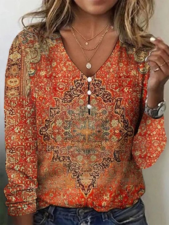 Women Geometric Long Sleeve Tee T-shirt V Neck Printing Vintage Spring/Fall Top