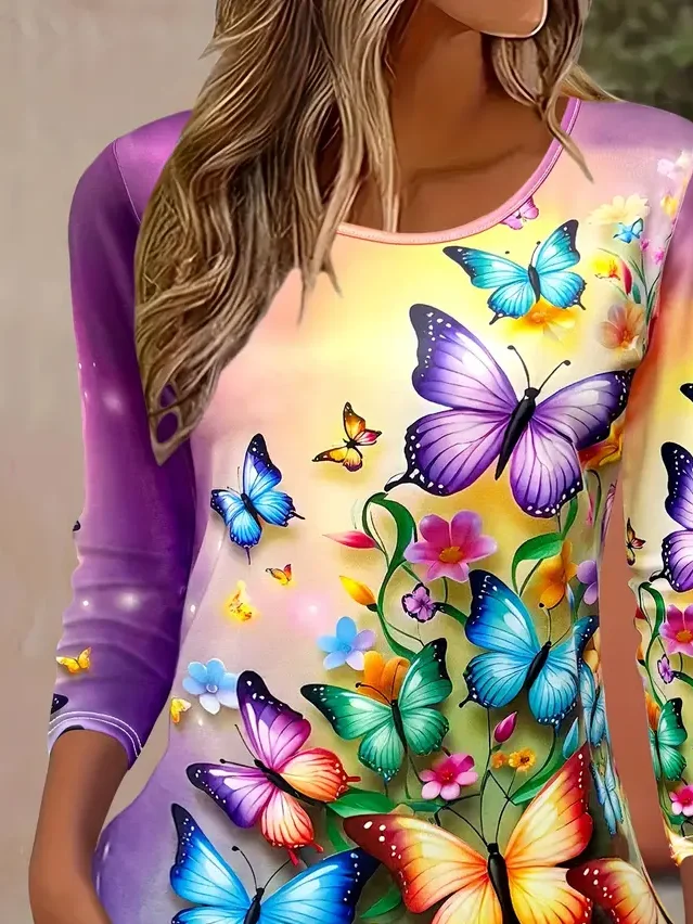 Women Butterfly Long Sleeve Tee T-shirt Crew Neck Printing Casual Spring/Fall Graphic Tee Top