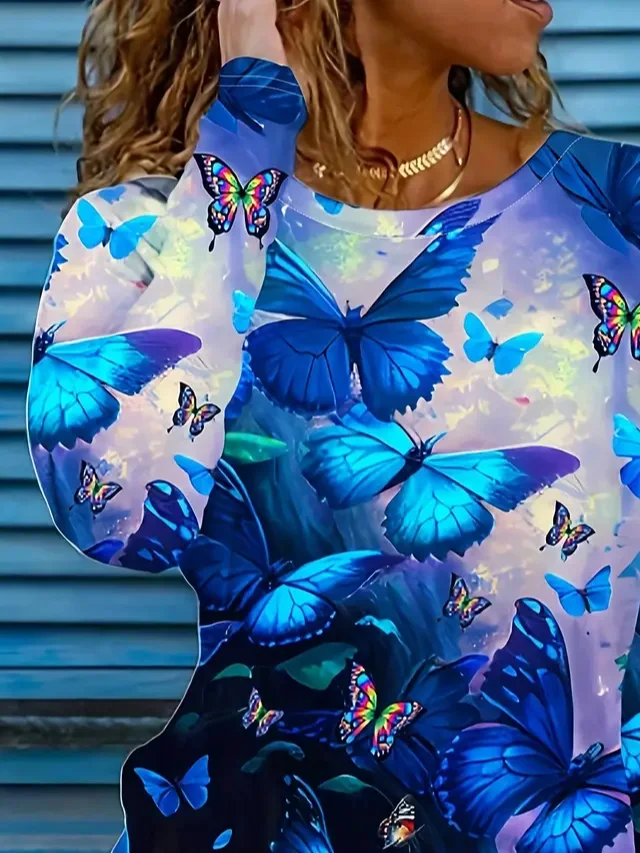 Women Butterfly Long Sleeve Tee T-shirt Crew Neck Printing Casual Spring/Fall Graphic Tee Top