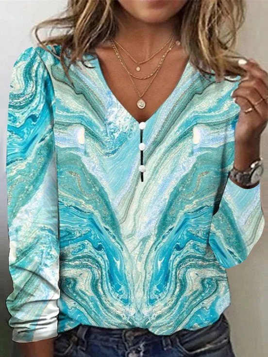 Women Geometric Long Sleeve Tee T-shirt V Neck Printing Vintage Spring/Fall Top