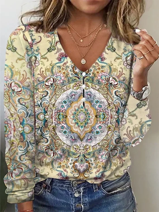 Women Geometric Long Sleeve Tee T-shirt V Neck Printing Vintage Spring/Fall Top