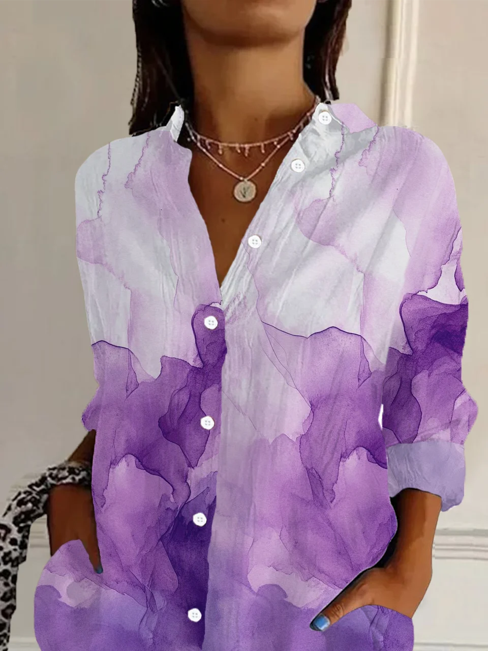Women Abstract Long Sleeve Shirt Spring/Fall Buckle Shirt Collar Regular Sleeve Daily Casual Top