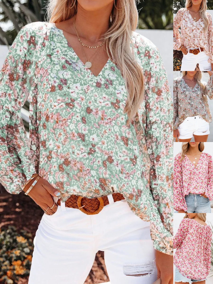 Women Floral Long Sleeve Shirt Spring/Fall Printing V Neck Balloon Sleeve Daily Casual Top